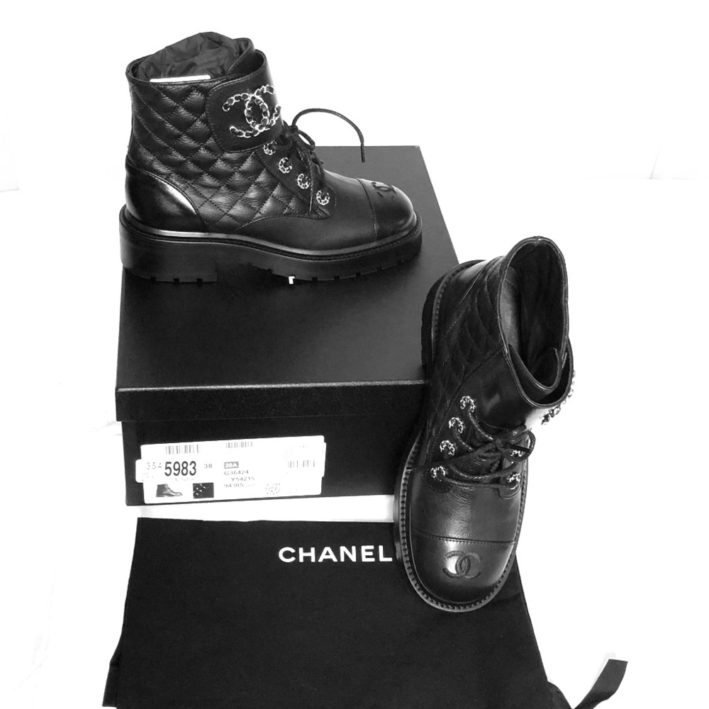 Authentic NIB Chanel CC Logo Lace up Combat Boots